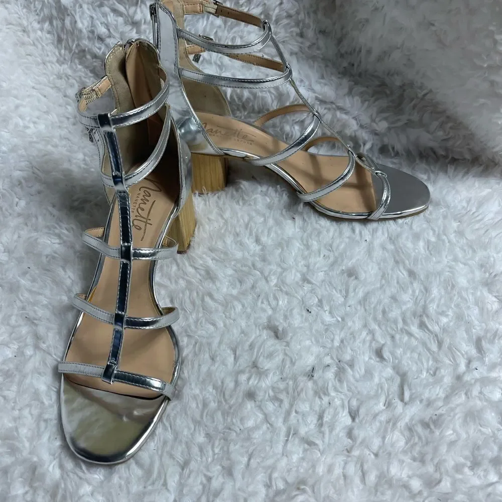 Nanette Lepore metallic silver T ankle straps sandals back zipper block 2” heels